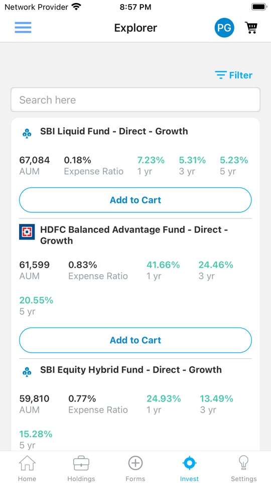 Explorer: search funds, compare returns and add to cart