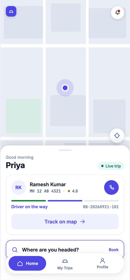 NextMoove app: employee home with the live trip