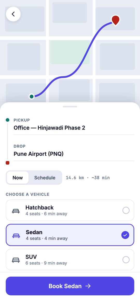 Book a ride: pickup, drop, now or scheduled, and the vehicle