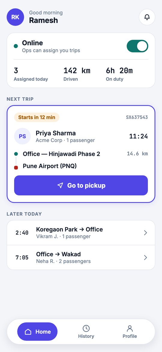 Driver home: online status, today's trips and the next pickup