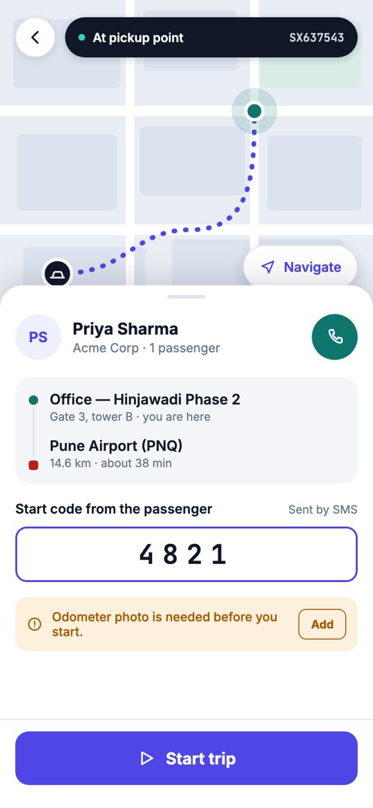 Driver at pickup: the passenger's start code and an odometer photo