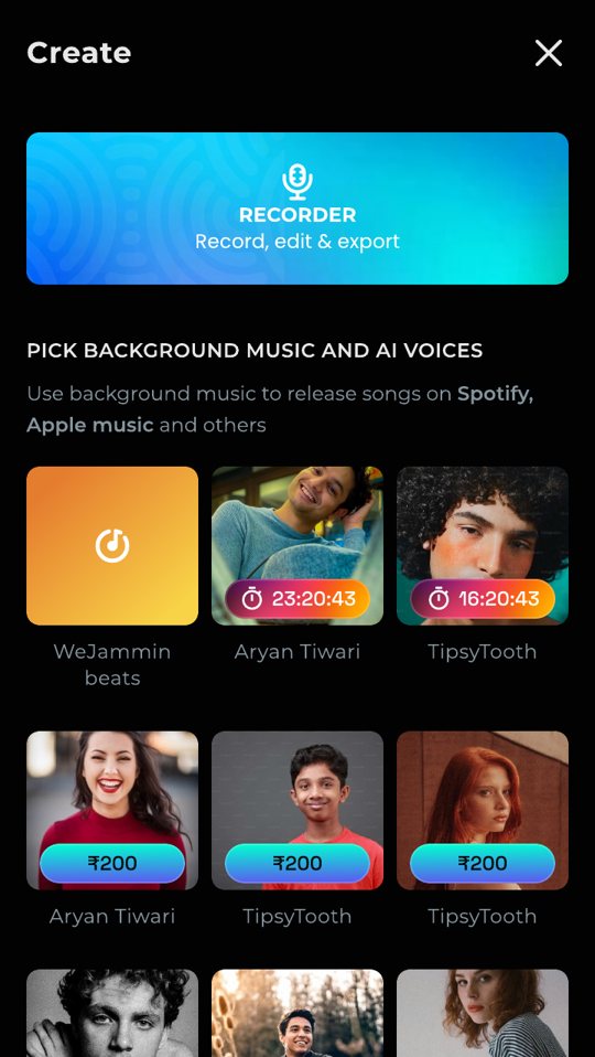 Create: start a jam with background music from Spotify or Apple Music, or an artist's AI voice